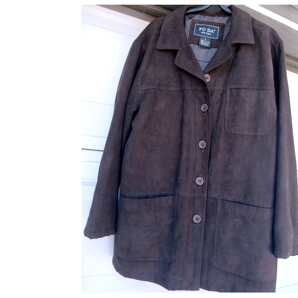 Faux Suede Jacket Womens L Brown Very Good Button Front Fu Da New York